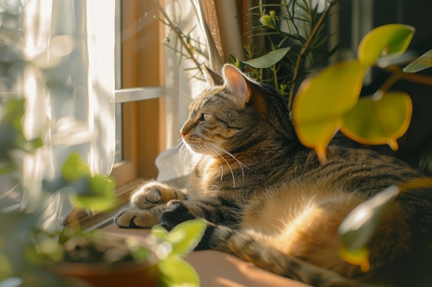 Uma mulher está olhando por uma janela para um gato