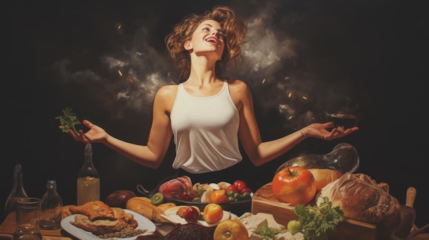 Uma mulher está parada em frente a uma mesa cheia de comida ai