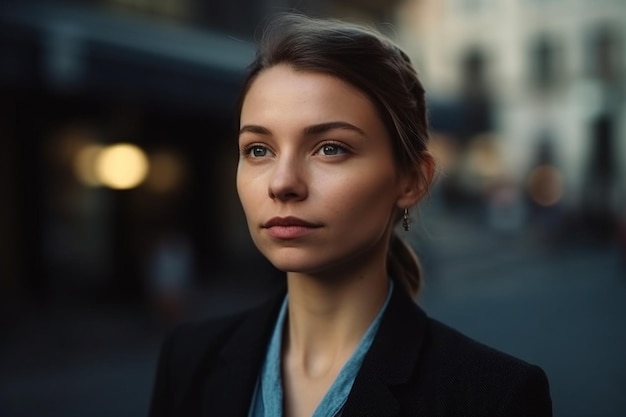 Uma mulher está parada em uma rua em frente a um prédio.