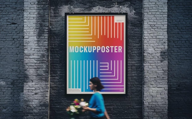 Foto uma mulher está passando por um cartaz colorido que diz 