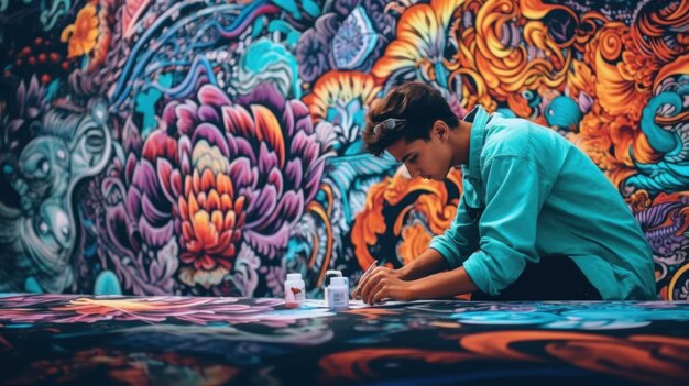 Uma mulher está pintando um mural em uma imagem ai generativa de parede