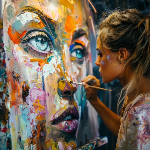 Foto uma mulher está pintando um rosto com tinta