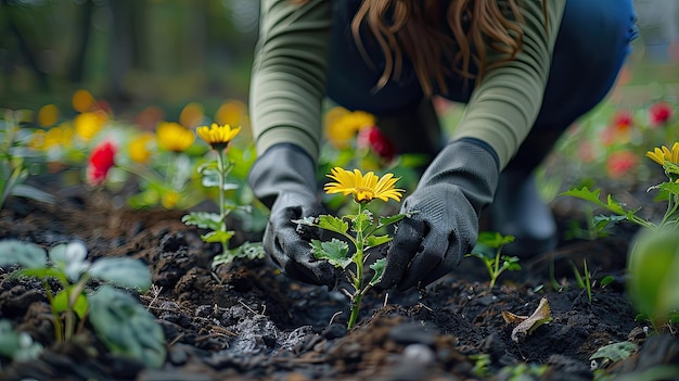 Uma mulher está plantando flores com fundo de cor sólida 4k ultra hd