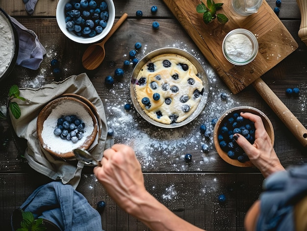 Uma mulher está preparando muffins de mirtilo em uma mesa de madeira