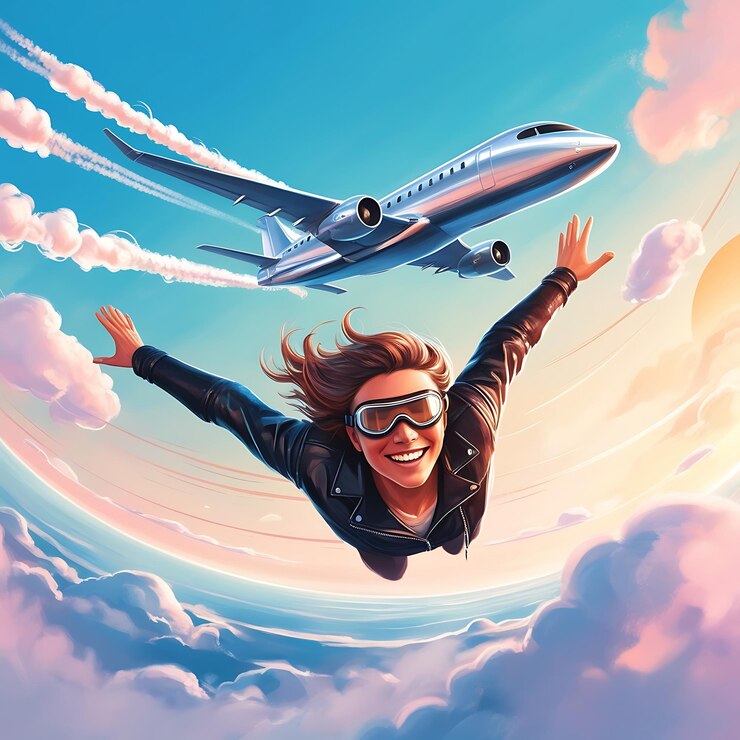 uma mulher está pulando no ar com um avião voando acima dela