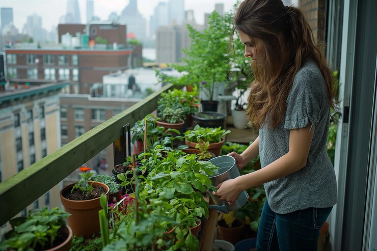Uma mulher está regando suas plantas em uma varanda