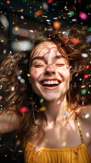 Uma mulher está rindo e sorrindo com confeti caindo sobre seu rosto