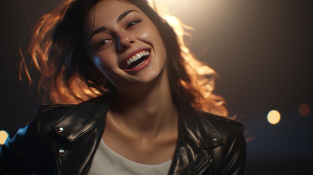 uma mulher está rindo e sorrindo em uma jaqueta de couro preta