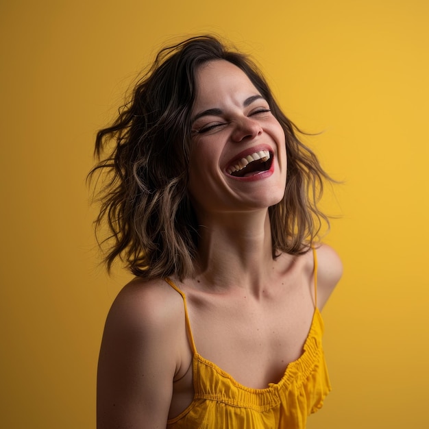 Uma mulher está rindo e sorrindo na frente de um fundo amarelo