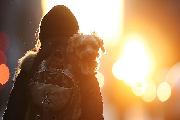 Uma mulher está segurando um cachorro pequeno em seus braços enquanto usa uma mochila