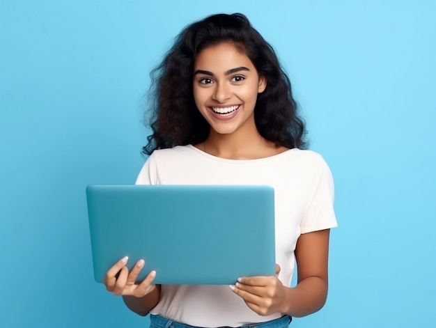 Uma mulher está segurando um laptop na frente de um fundo azul.