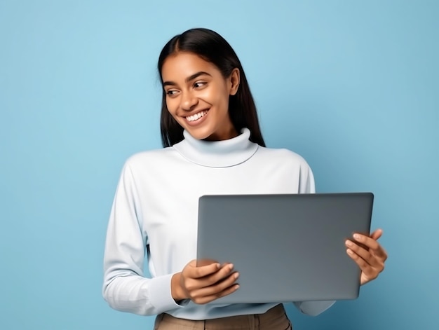 Foto uma mulher está segurando um laptop nas mãos.