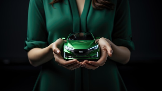 Uma mulher está segurando um modelo de um carro verde Conceito de carro elétrico e aco