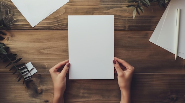 uma mulher está segurando um pedaço de papel em uma mesa de madeira