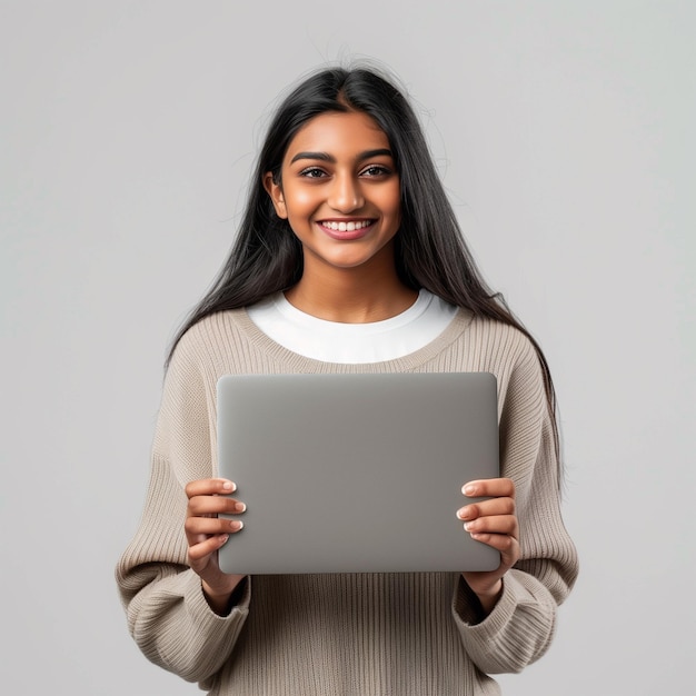 uma mulher está segurando um tablet com um fundo cinzento