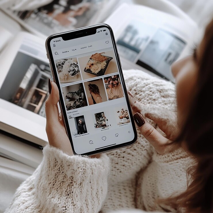 Foto uma mulher está segurando um telefone com a palavra "macbook" citado nele