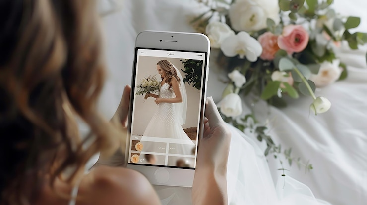 Foto uma mulher está segurando um telefone com uma foto de uma noiva nele