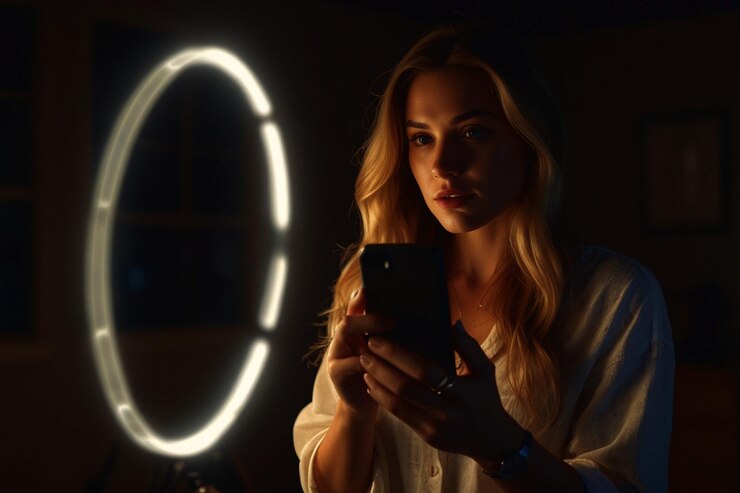 Foto uma mulher está segurando um telefone com uma luz atrás dela