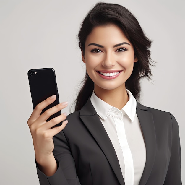 Uma mulher está segurando um telefone e sorrindo.