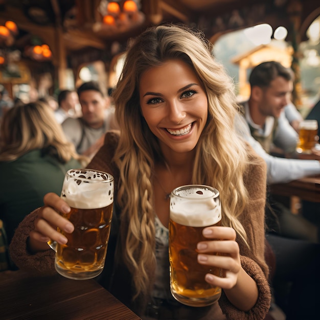 uma mulher está segurando uma caneca de cerveja e sorrindo.