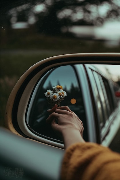 Uma mulher está segurando uma flor no retrovisor de um carro.