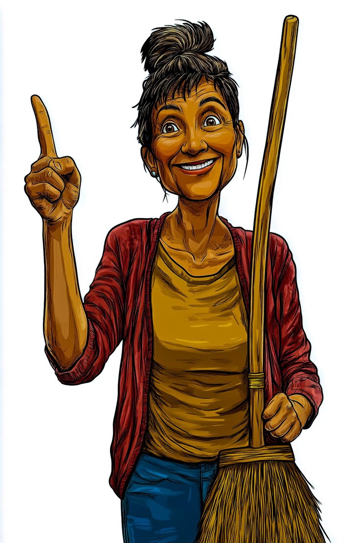 Foto uma mulher está segurando uma vassoura e apontando para o céu