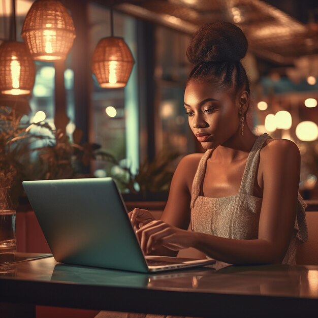 uma mulher está sentada à mesa com um laptop e um copo d'água.