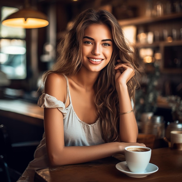 Uma mulher está sentada à mesa com uma xícara de café.