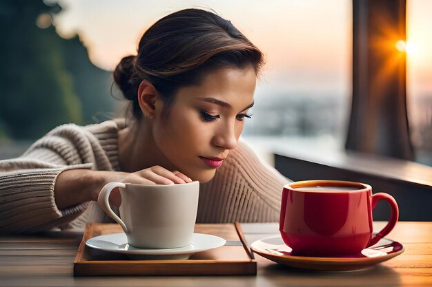 Foto uma mulher está sentada à mesa com uma xícara de café.