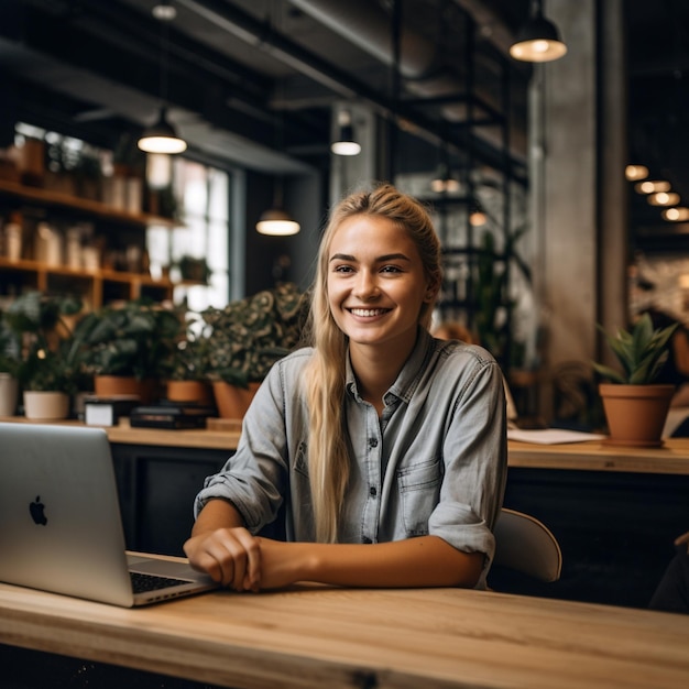 Uma mulher está sentada a uma mesa com um macbook pro à sua frente.