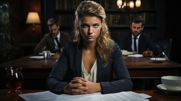 Foto uma mulher está sentada a uma mesa em frente a um livro com outros homens ao fundo.