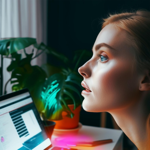 Uma mulher está sentada em frente a um laptop com uma planta verde atrás dela.