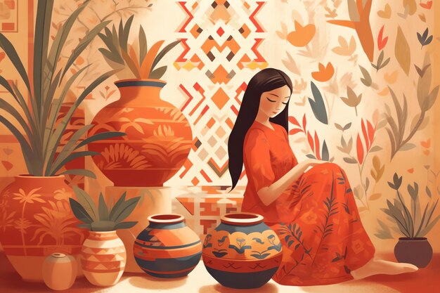 Uma mulher está sentada em frente a uma coleção de cerâmica.