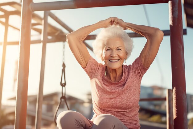 Uma mulher está sentada em um balanço e sorrindo.