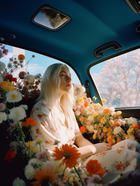 Uma mulher está sentada em um carro com flores no cabelo.