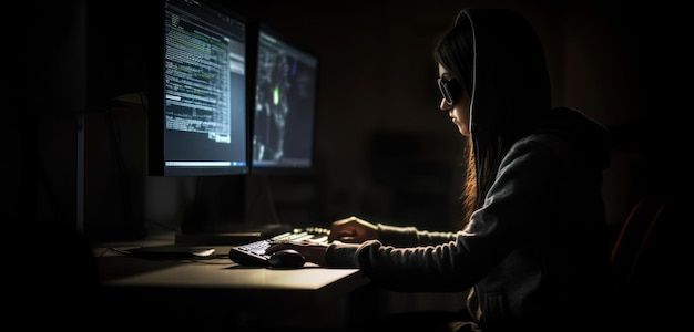 Uma mulher está sentada em um computador em uma sala escura, olhando para uma tela que diz um código nela.