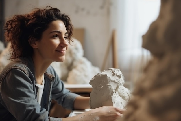 Uma mulher está sentada em um estúdio com uma escultura de argila nas mãos.