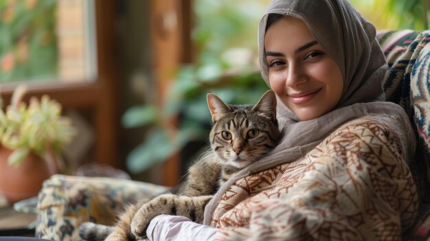 Foto uma mulher está sentada em um sofá com um gato no colo