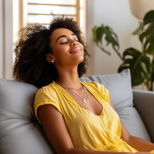 uma mulher está sentada em um sofá com um sorriso no rosto