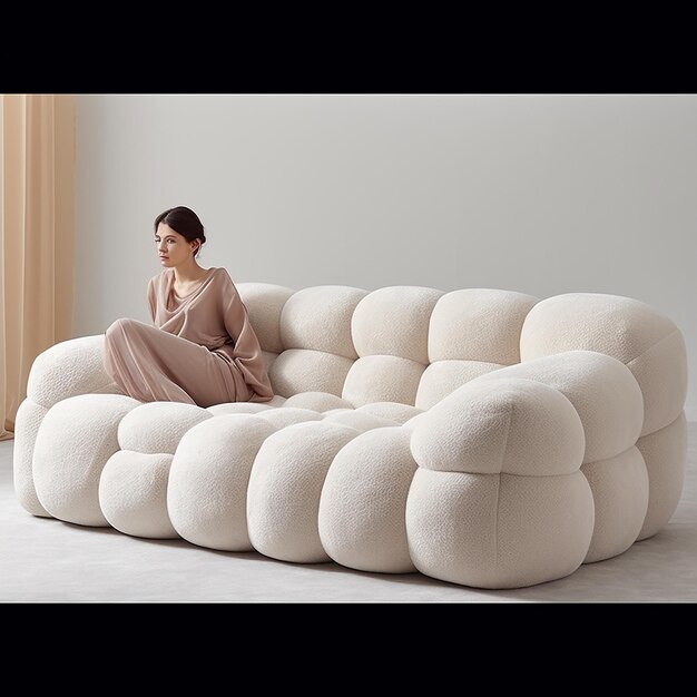 Foto uma mulher está sentada em um sofá grande e branco.