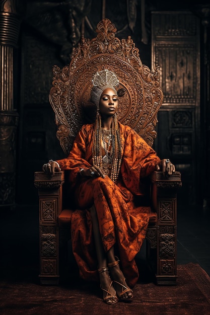 Foto uma mulher está sentada em um trono com um vestido vermelho e um cocar dourado.