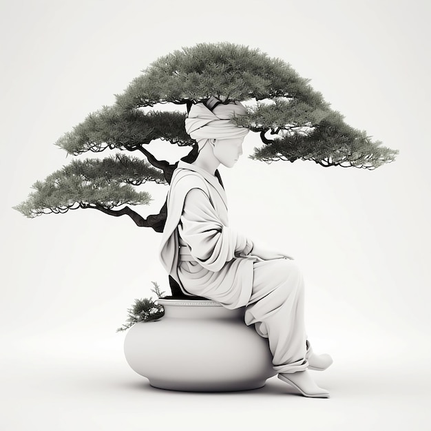 Foto uma mulher está sentada em um vaso com uma árvore ao fundo.
