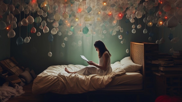 Uma mulher está sentada em uma cama lendo um livro sob uma lâmpada.