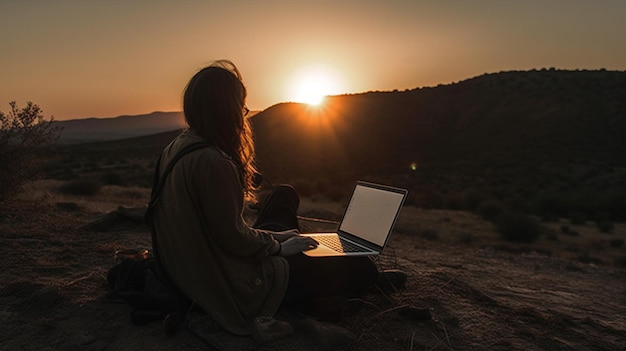 Uma mulher está sentada em uma colina com um laptop à sua frente.