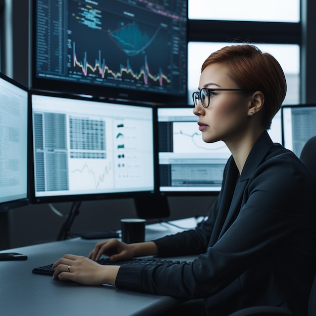 Uma mulher está sentada em uma mesa em frente a três monitores de computador.