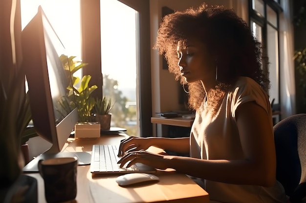 Uma mulher está sentada em uma mesa em frente a uma janela, digitando em um teclado.