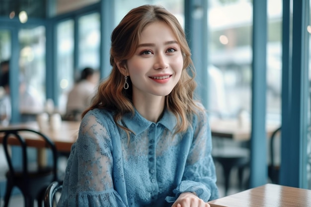 Uma mulher está sentada em uma mesa em um café usando um vestido azul e brincos de argola prateados.