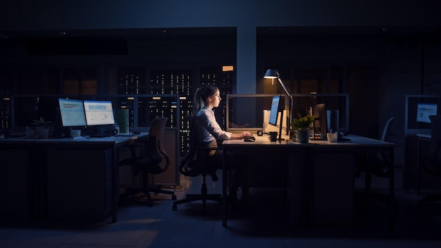 Uma mulher está sentada em uma mesa em um escritório escuro, trabalhando em um computador.