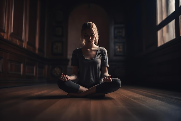Uma mulher está sentada em uma pose de ioga em um quarto escuro com as palavras 'ioga' no lado direito.