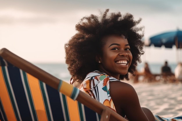 Uma mulher está sentada em uma praia em uma cadeira listrada com a palavra amor.